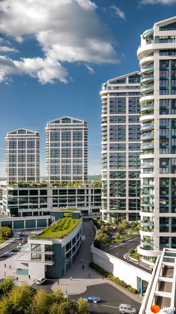 Житловий комплекс Bartolomeo Resort Town з висотними будинками з панорамними вікнами. На території комплексу зелені насадження, дорога та парковка.