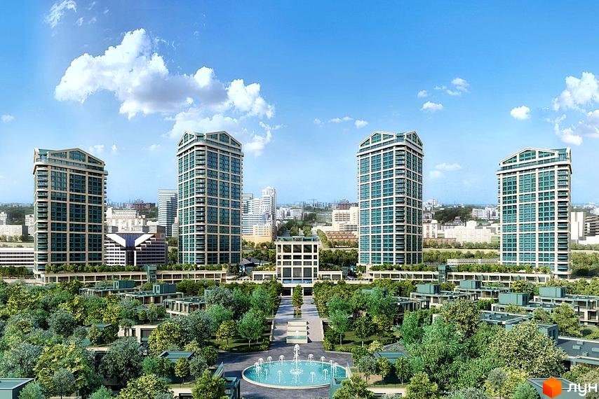 Житловий комплекс Bartolomeo Resort Town з висотними будинками з великими вікнами. На території комплексу є зелені насадження, фонтан та доглянута прибудинкова територія.