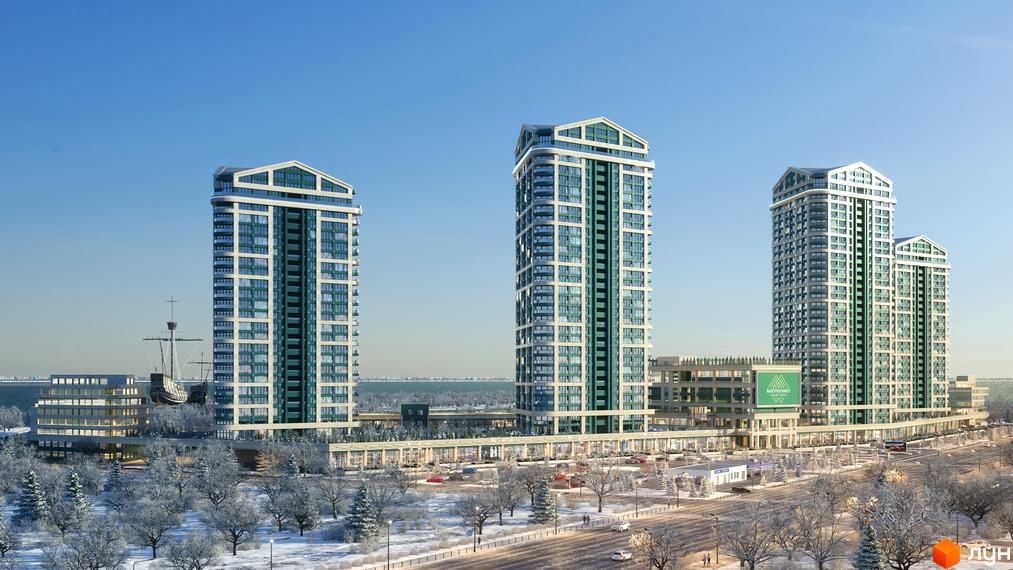 Житловий комплекс Bartolomeo Resort Town: три висотні будівлі з зеленими елементами фасаду та унікальними дахами. Навколо засніжений парк, дорога та водойма з кораблем.