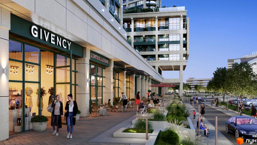 Фасад будівлі житлового комплексу Bartolomeo Resort Town з магазинами та ресторанами на першому поверсі. На вулиці люди гуляють та відпочивають.