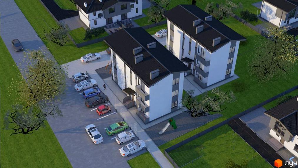 Житловий комплекс Квітки Цісик: два будинки з темними дахами та світлими фасадами, прибудинкова територія з парковкою та зеленими насадженнями.