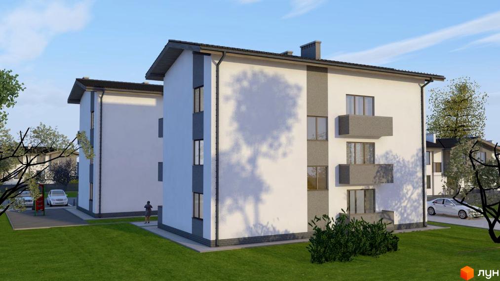 Житловий комплекс Квітки Цісик: будинки з білими фасадами, сірими балконами та елементами декору. Прибудинкова територія з газоном, деревами та парковкою.