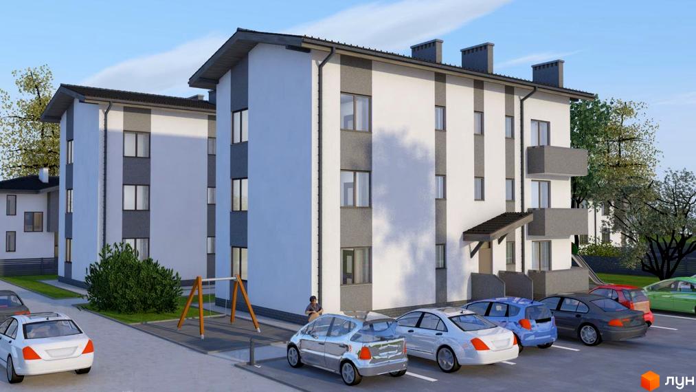 Зовнішній вигляд житлового комплексу Квітки Цісик з паркуванням та дитячим майданчиком. Новобудова з сірими та білими фасадами.