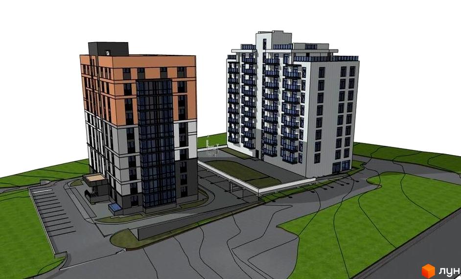 Зображення двох багатоповерхівок Житлового комплексу Stockholm з великою прибудинковою територією та парковкою.