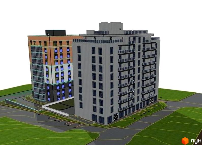 Візуалізація двох багатоповерхівок Житлового комплексу Stockholm з балконами та великими вікнами. Навколо будинків зелена прибудинкова територія.