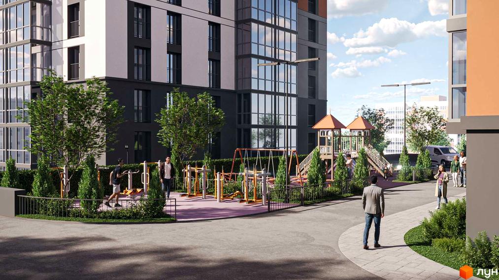 Житловий комплекс Стокгольм: багатоповерхові будинки зі світлими та темними фасадами, великими вікнами. Територія має дитячий майданчик та зону для спорту.