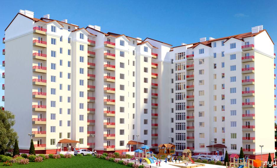 Зображення фасаду та прибудинкової території Житлового комплексу Пурпурові вітрила. Багатоповерхова будівля з балконами та дитячим майданчиком.