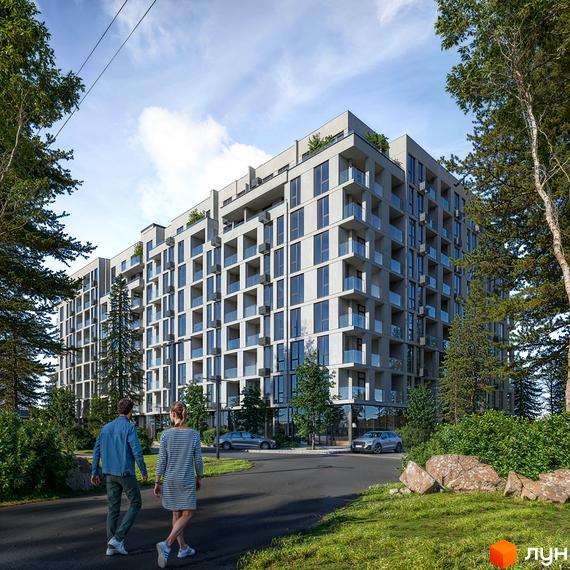 Будинок ЖК LuxAR з балконами та панорамними вікнами, оточений деревами та з дорогою, що веде до нього.