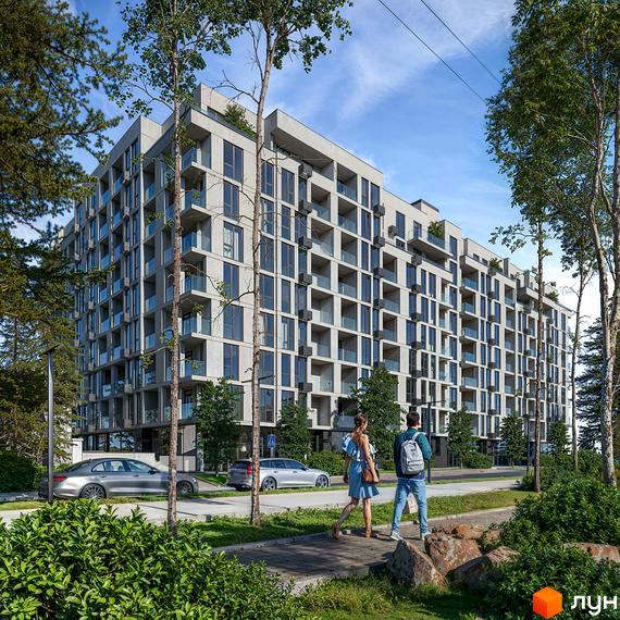 Зовнішній вигляд новобудови ЖК LuxAR з балконами та панорамними вікнами, оточеної деревами та з пішохідною зоною.