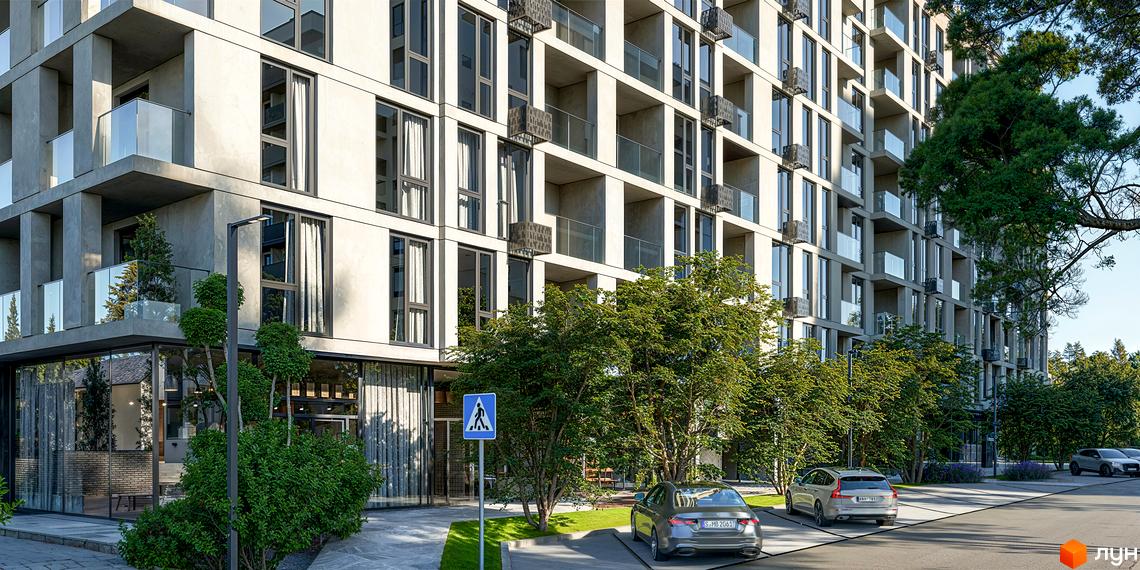 Фасад новобудови ЖК LuxAR з балконами та великими вікнами, прибудинкова територія з деревами та автомобілями.