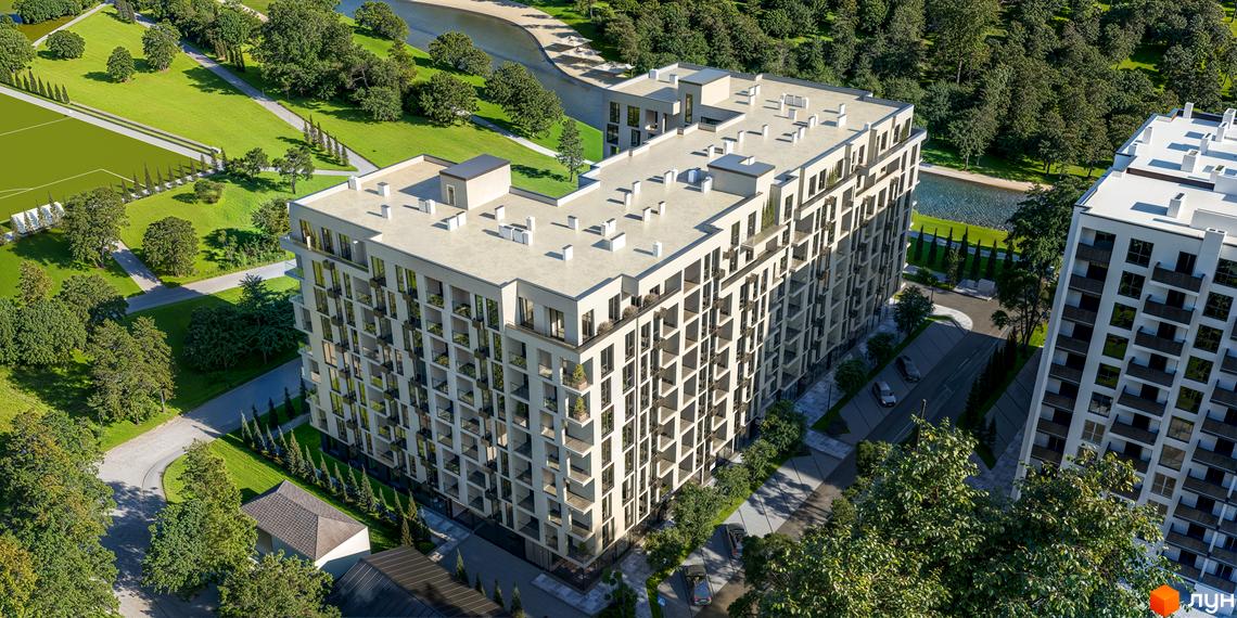 Житловий комплекс LuxAR з фасадом з балконами та вікнами, оточений зеленою зоною з деревами та водоймою.
