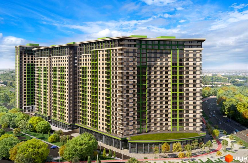 Житловий комплекс LIKO-GRAD Perfect Town - високі будівлі з зеленою та бежевою фасадною обробкою, балконами та панорамними вікнами. Навколо комплексу зелені дерева та доглянута прибудинкова територія з доріжками та дорогою.