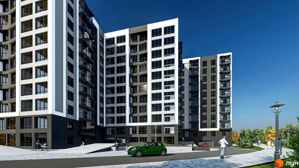 Житловий комплекс Королівська гірка - це сучасна новобудова з великою кількістю вікон та балконів, розташована поруч із зеленими насадженнями та пішохідними доріжками.