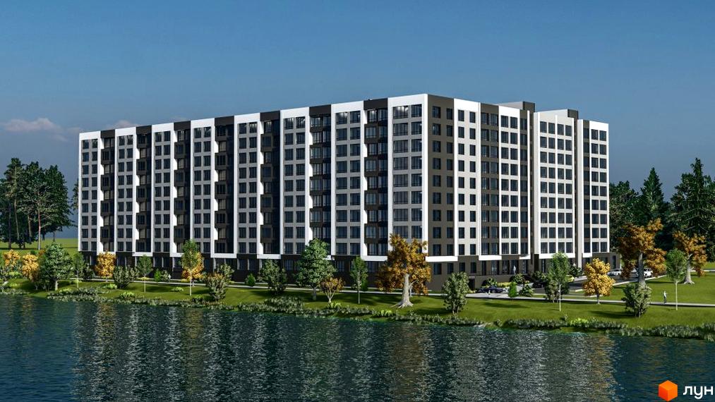 Новобудова Королівська гірка з біло-чорним фасадом та панорамними вікнами, розташована біля водойми з охайним ландшафтним дизайном.