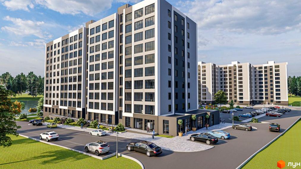 Житловий комплекс Королівська гірка складається з багатоповерхових будівель світло-сірого та темно-сірого кольорів. Навколо розташовані парковки, зелені газони та водойма.