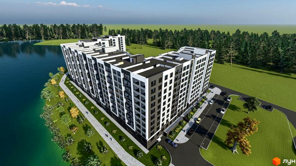 Житловий комплекс Королівська гірка біля озера з деревами та парковкою. Багатоповерховий будинок з біло-чорним фасадом та балконами.