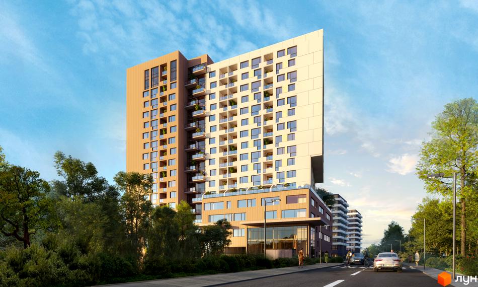 Зовнішній вигляд житлового комплексу AUROOM AIR з цегляним фасадом та скляними балконами, розташованого біля зеленої зони та дороги з автомобілями.