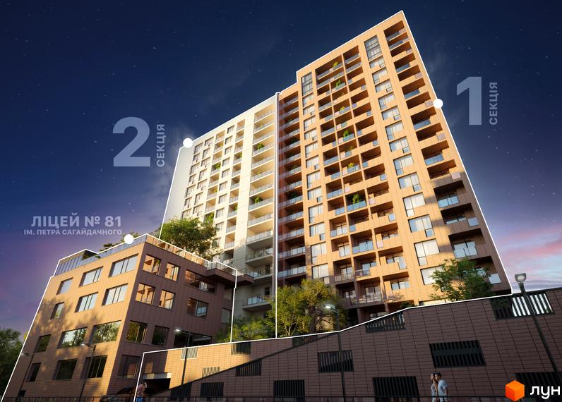 Житловий комплекс AUROOM AIR: двосекційна новобудова з фасадами світлої та коричневої плитки, балконами та панорамними вікнами. Біля будинку розташована прибудинкова територія з деревами.