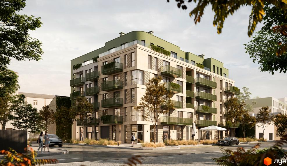 Житловий комплекс D8. Фасад будинку з балконами та зеленню, розташований на перехресті вулиць з автомобілями та пішоходами.