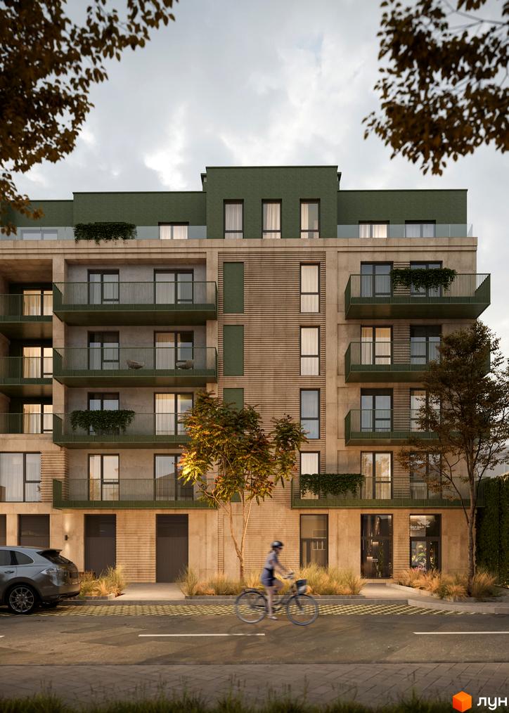 Будівельний проєкт D8 – це багатоповерховий будинок з балконами та панорамними вікнами. Територія навколо будинку озеленена, є доріжки для пішоходів та велосипедистів.