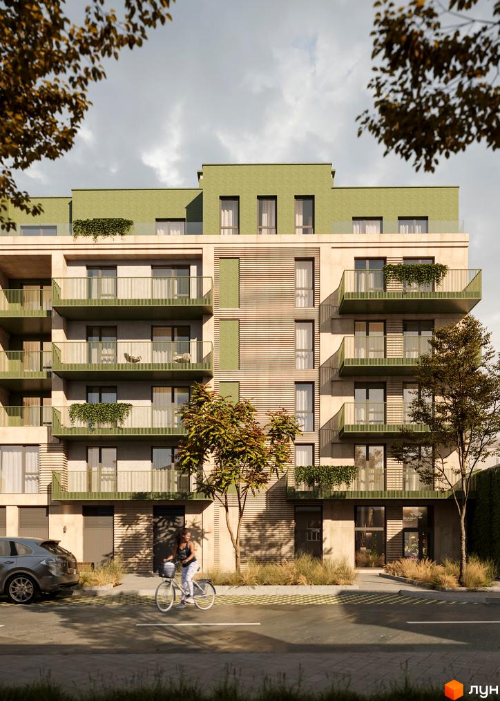 Житловий комплекс D8 з зеленою фасадною обробкою та балконами. На прибудинковій території розташовані дерева та жінка на велосипеді.