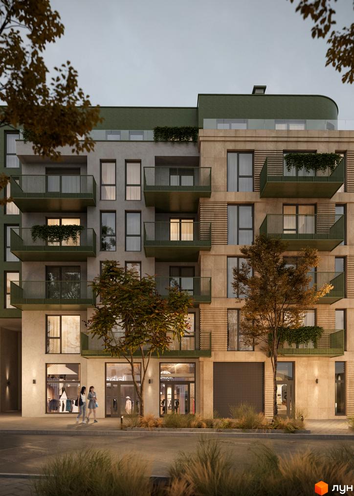 Фасад житлового комплексу D8 з балконами та вікнами, що виходять на вулицю. На першому поверсі розташовані комерційні приміщення та вхідні групи.