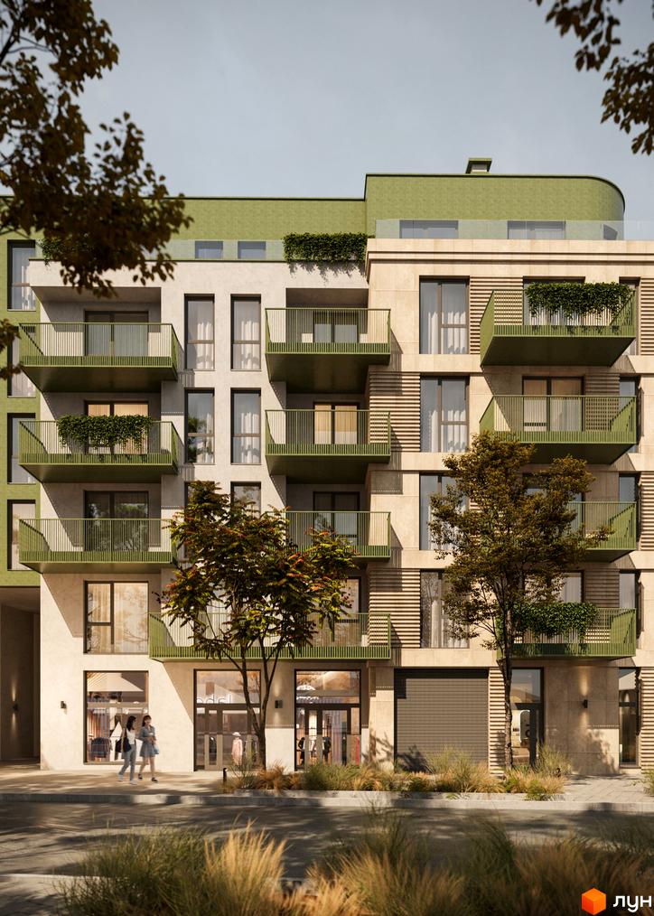 Фасад житлового комплексу D8 з зеленими балконами та великими вікнами. Біля будинку розташовані дерева та кущі.