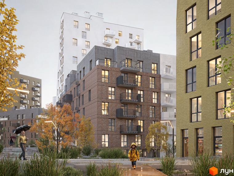 Житловий комплекс Viking Hills з цегляними та білими фасадами, балконами та прибудинковою територією з деревами та пішохідними доріжками.