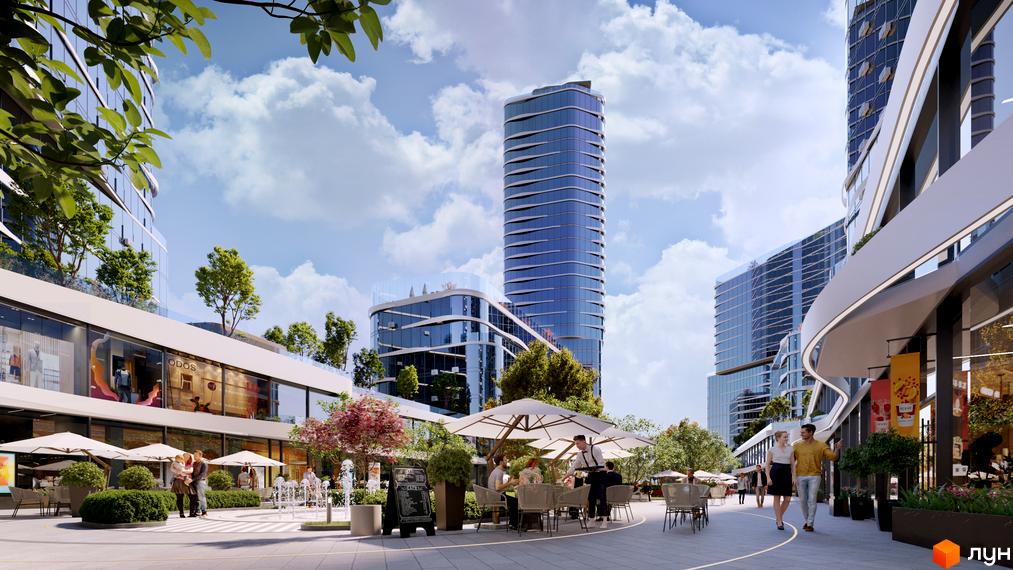 The Light - житловий комплекс з високими скляними будівлями та затишною прибудинковою територією з кафе та зеленими зонами. Сучасна архітектура та комфортне міське середовище.