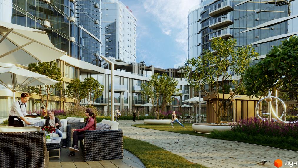 The Light: вид з тераси на сучасні будівлі та зелену зону з місцями для відпочинку. Насолоджуйтесь комфортом та красою прибудинкової території.