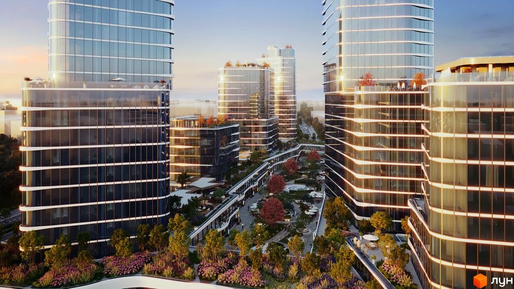 The Light – новобудова з високими скляними будівлями та доглянутою прибудинковою територією з деревами та квітами. Сучасний житловий комплекс для комфортного життя.