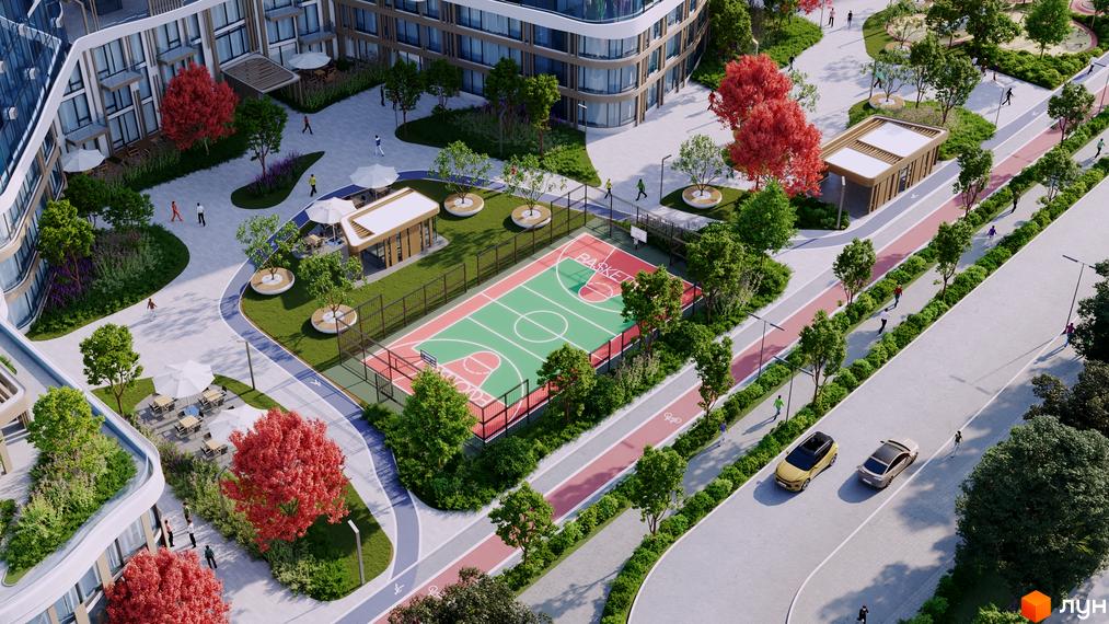 Житловий комплекс The Light: вигляд згори на сучасну архітектуру та зелену прибудинкову територію з баскетбольним майданчиком та зонами відпочинку.