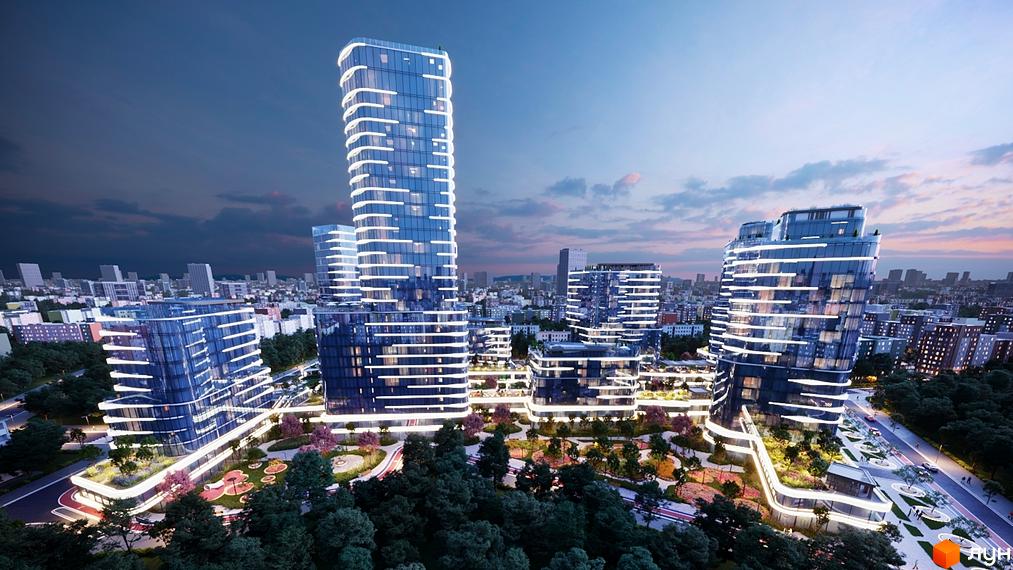 Сучасний житловий комплекс The Light з високими будівлями та вигнутими фасадами, освітленими вночі. Навколо розташовані зелені зони з деревами та зонами відпочинку.