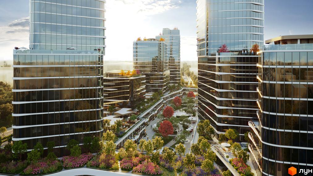 The Light - сучасний житловий комплекс з високими скляними будівлями та доглянутою прибудинковою територією з деревами та квітами.