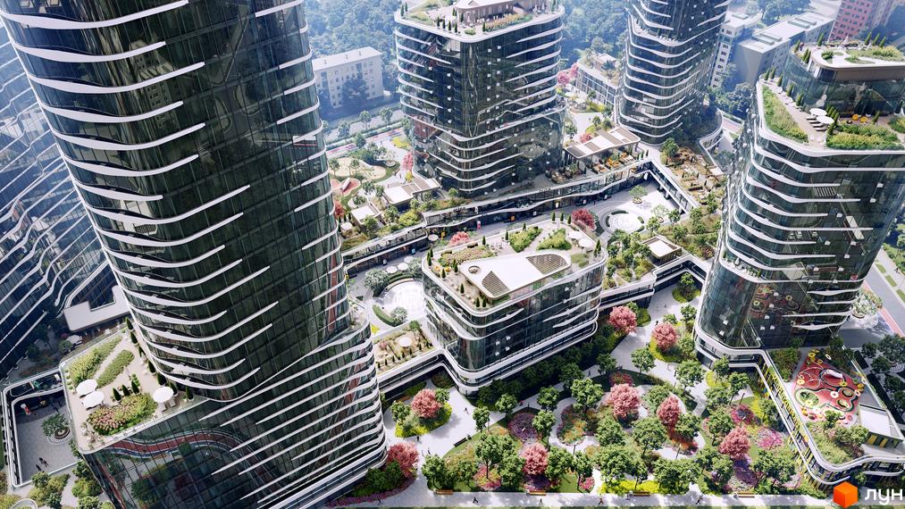 Аерофотозйомка житлового комплексу The Light з високими вежами та багатою зеленою територією. На території комплексу розташовані дитячі майданчики та зони відпочинку.