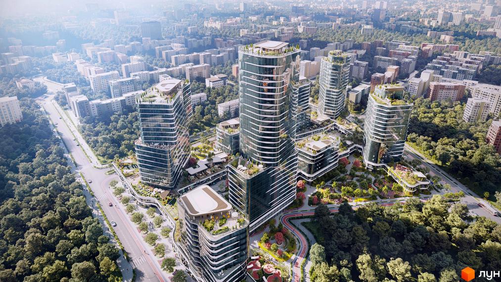 Аерофотозйомка комплексу The Light з футуристичними хмарочосами та зеленою прибудинковою територією. Сучасна архітектура та ландшафтний дизайн.