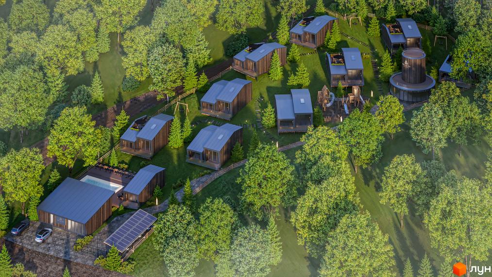 Котеджне містечко КМ Елізіум resort. Сучасні будиночки з темними фасадами та сірими дахами розташовані серед зелених дерев, біля будівель є басейн та дитячий майданчик.