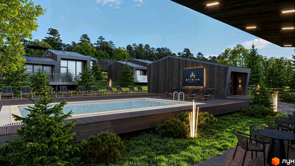 Котеджне містечко Елізіум resort: будинки з темними фасадами та великими вікнами. На території басейн з дерев'яною терасою та зелені насадження.