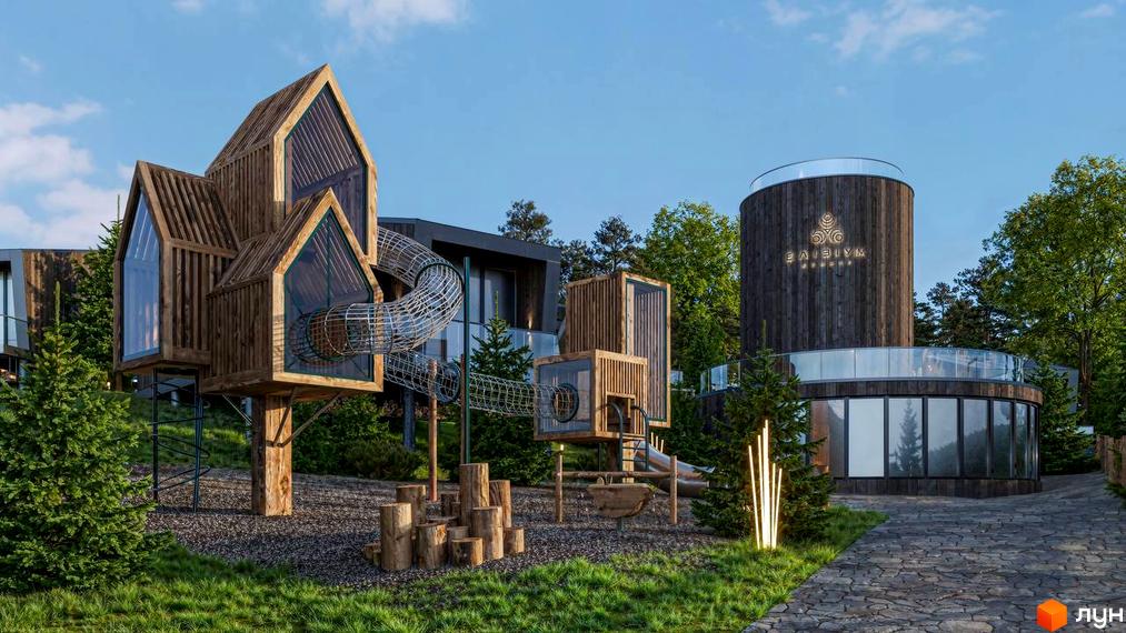 Котеджне містечко KM Elysium Resort з дерев'яними будиночками та ігровими зонами, оточене зеленими деревами та доглянутою територією.