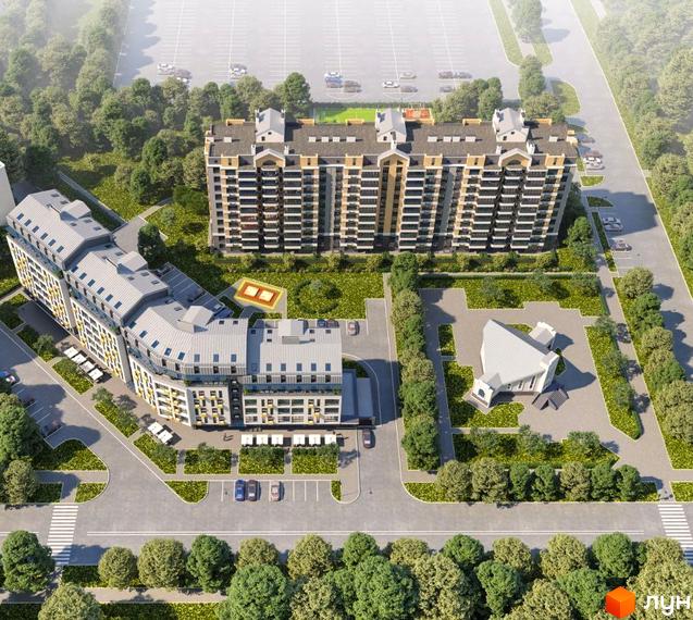 Житловий комплекс Barbara - це багатоповерхові будинки з сірими дахами та жовтими фасадами, розташовані на зеленій території з парковкою та доріжками.