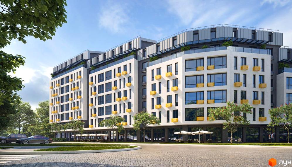 Житловий комплекс Barbara: фасади будівель з великими вікнами та жовтими балконними ящиками, зелена прибудинкова територія з деревами та місцями для відпочинку.