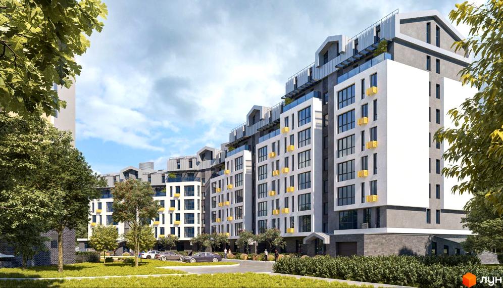 Житловий комплекс Barbara - фасади будівель з великими вікнами та балконами, зелена прибудинкова територія з деревами та газоном.