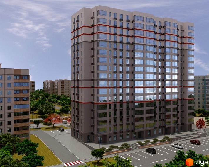 Житловий комплекс Перлина Дніпра - це висотна новобудова з панорамними вікнами та червоними смугами на фасаді, розташована біля зеленої зони з деревами та дорогою з автомобілями.