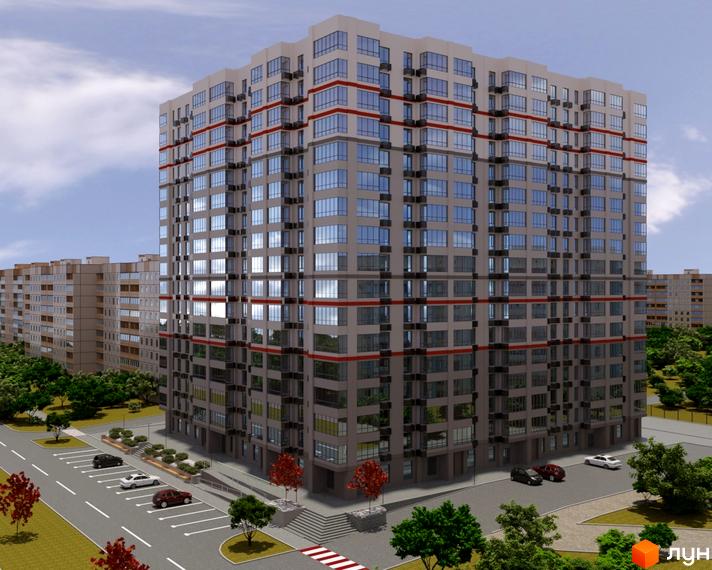 Зовнішній вигляд новобудови ЖК Перлина Дніпра з численними вікнами та червоними смугами на фасаді. Прибудинкова територія з паркуванням та зеленими насадженнями.