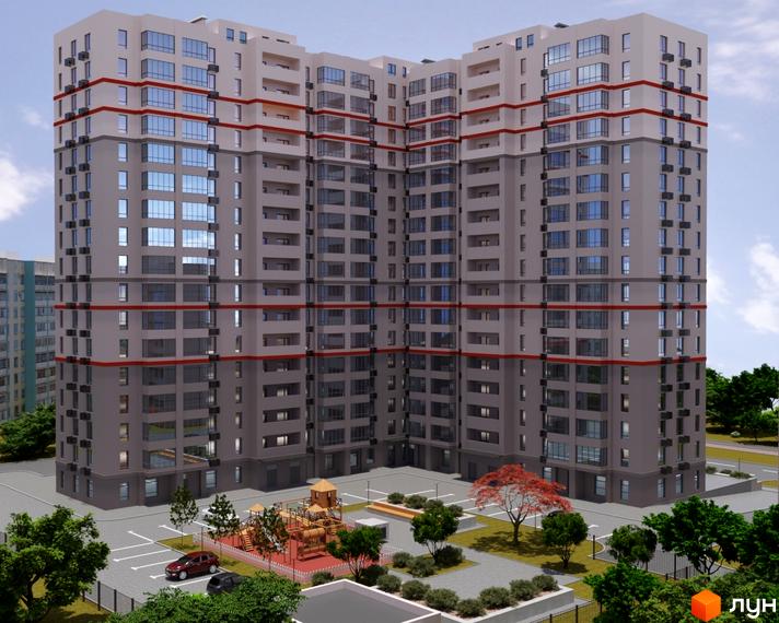 Зовнішній вигляд багатоповерхової новобудови ЖК Перлина Дніпра з сірими стінами та червоними смугами. На прибудинковій території розташований дитячий майданчик та парковка.