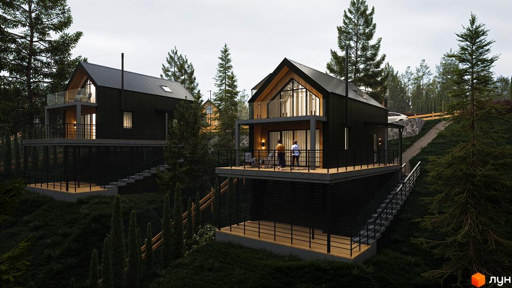 Котеджне містечко Схили: двоповерхові будинки з чорними фасадами та великими вікнами, розташовані серед дерев. Територія комплексу оточена зеленими насадженнями.