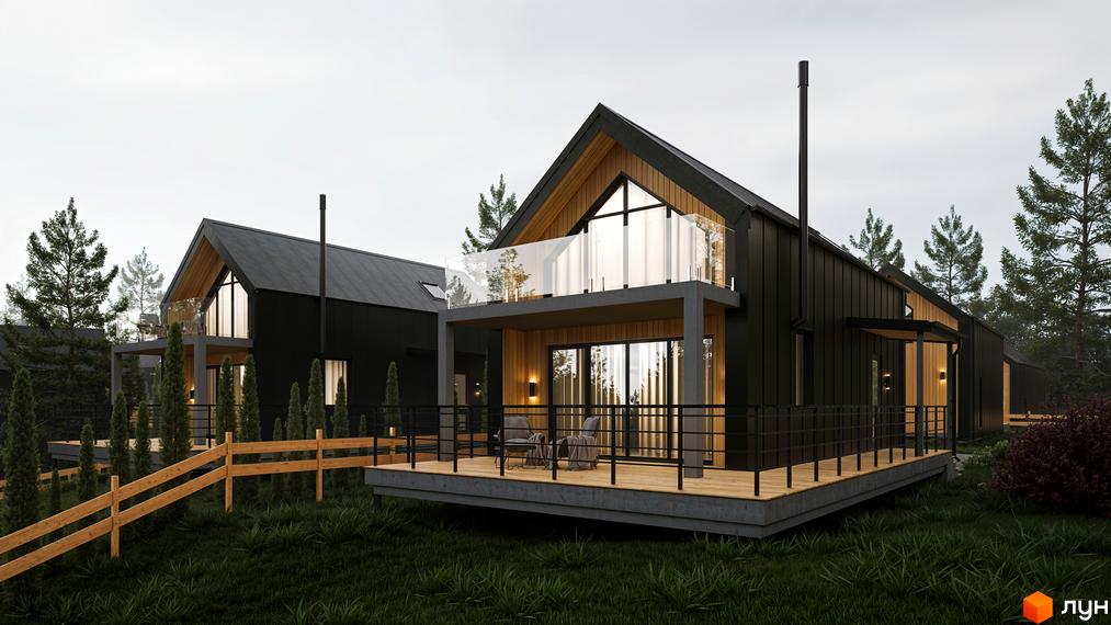 Котеджне містечко Схили. Сучасні чорні будинки з дерев'яними елементами та великими вікнами, розташовані серед зеленої ділянки з деревами та травою.