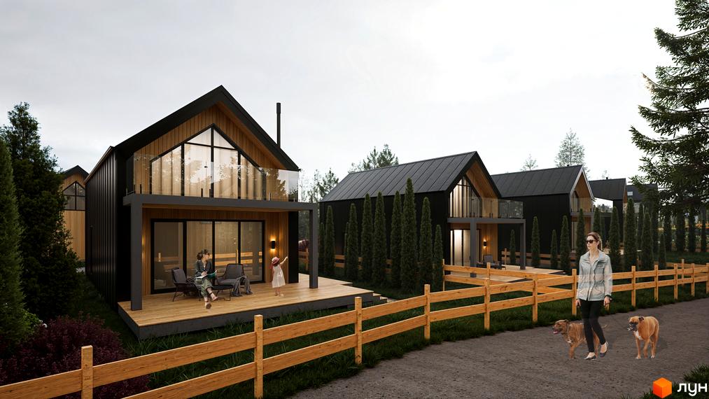 Котеджне містечко Схили: сучасні будинки з дерев'яними елементами та скляними фасадами, огороджена територія з парканом та зеленими насадженнями.