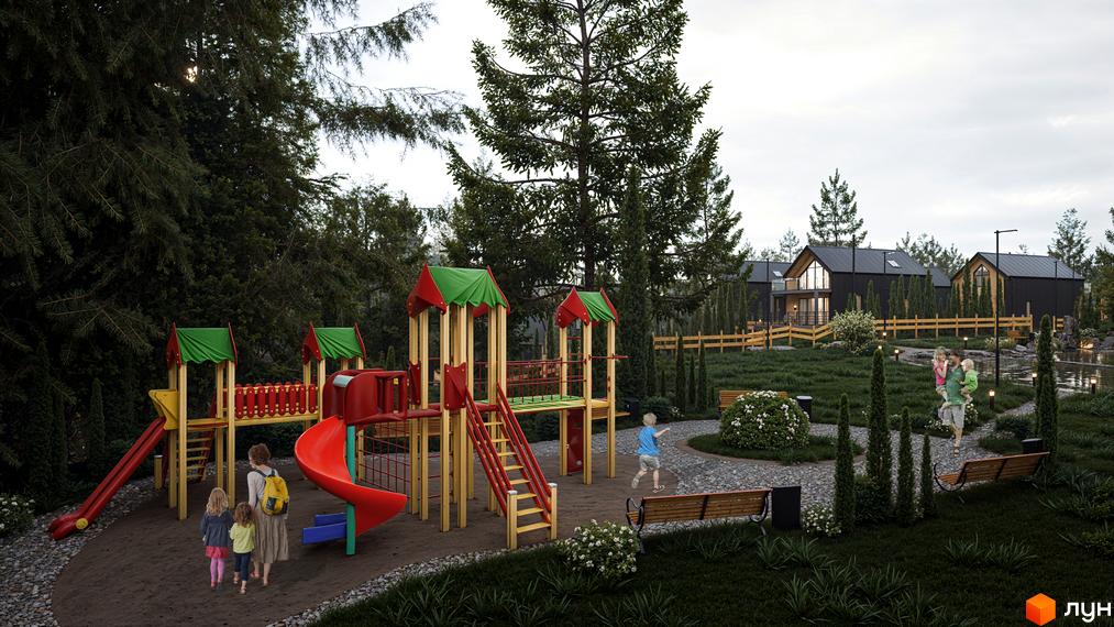 Котеджне містечко Схили: сучасні будинки з чорними дахами та простора прибудинкова територія з дитячим майданчиком та зонами відпочинку.