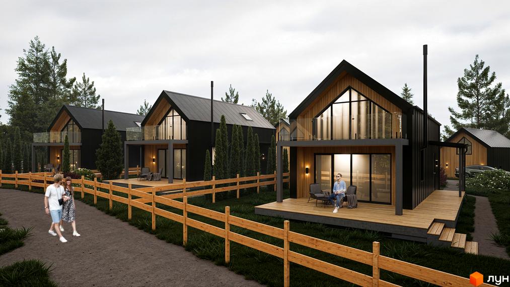 Котеджне містечко Схили: двоповерхові будинки з чорним фасадом та дерев'яними елементами, терасами та скляними балконами. Навколо зелена територія з дерев'яним парканом та доріжкою.